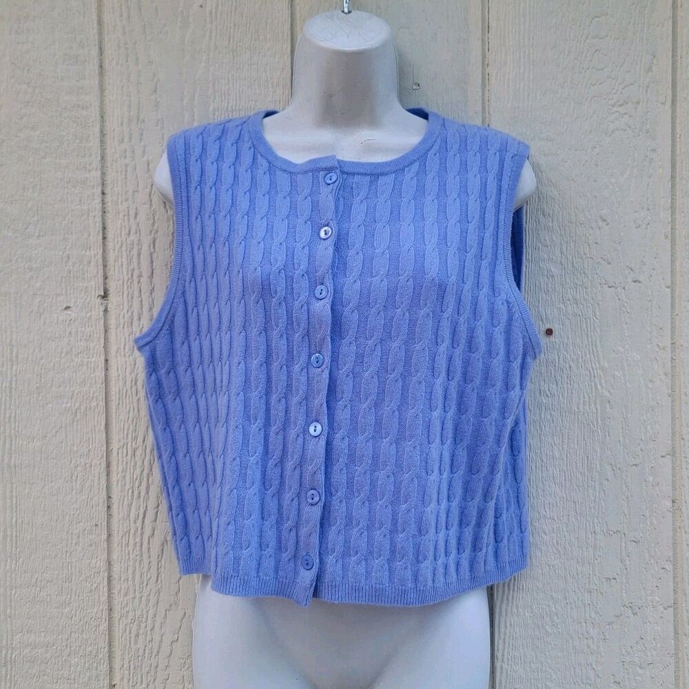 House of Harlow 100% cashmere button front cable knit vest Sz M Blue Preppy